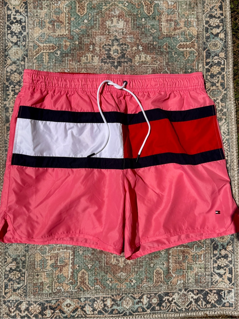 Tommy Hilfiger Men’s Pink Swim Trunks with Red, White & Navy Colorblock